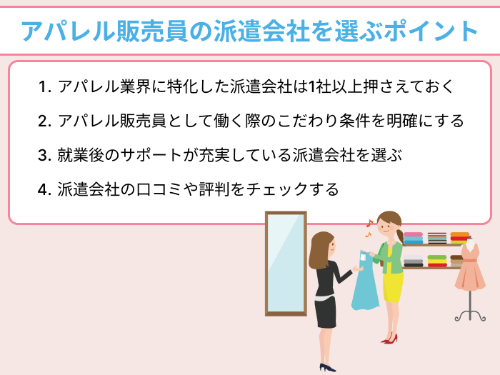 アパレル販売員の派遣会社を選ぶポイントのイラスト